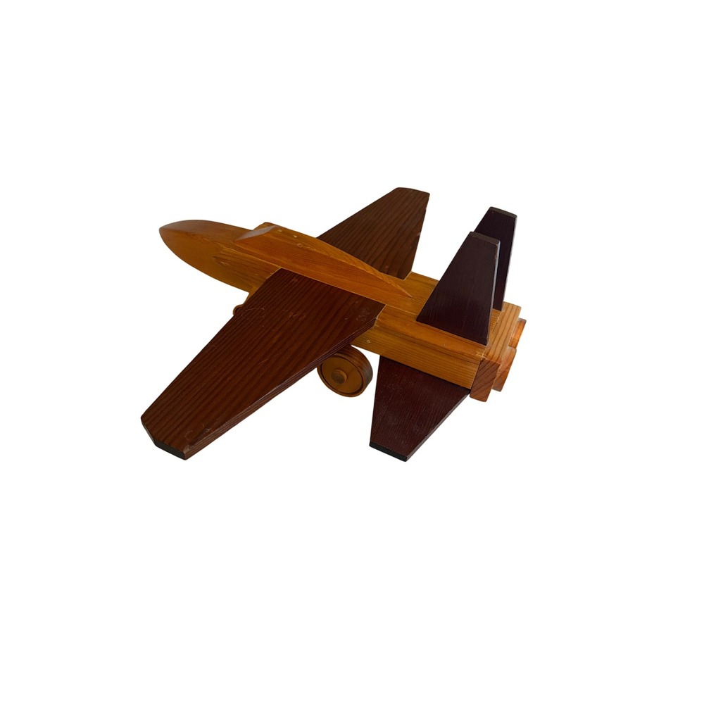 Handmade Wooden Jet Airplane Model Two Tone Natural Wood Rolling Wheels MCM Toy